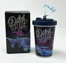 Dutch Bros 2017 Holiday Ornament Coffee Cup Logo Blue Happy Holidays Used + Box