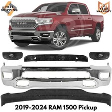 Front Bumper Face Bar Chrome Fog Lights Assembly Kit For 2019-2024 Ram 1500