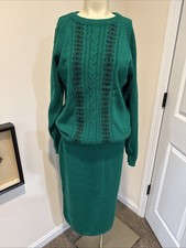 Vintage 80s JFJ Knits Green Knitt Pointelle Sweater and Skirt Set Long Sleeve L