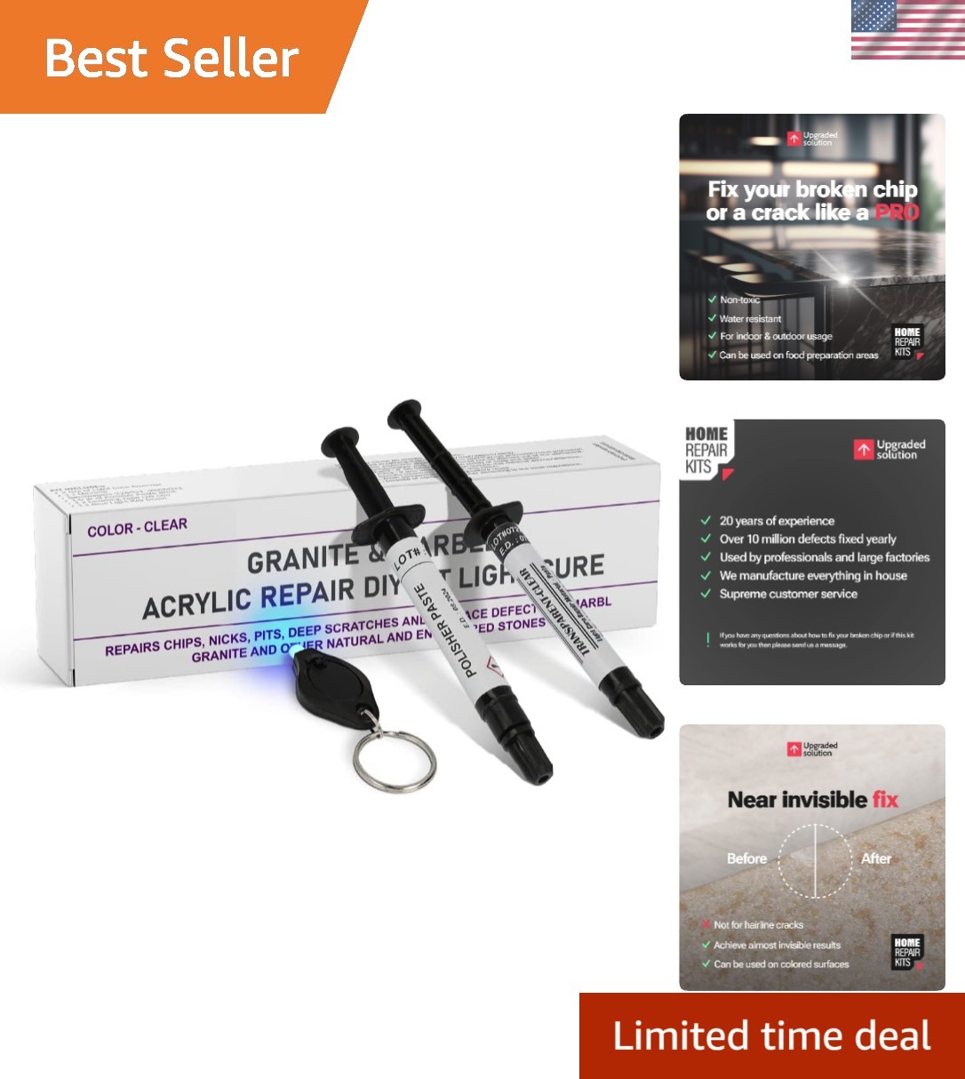 Granite Marble Quartz Acrylic Repair Kit Clear for Chips Cracks Surface Fix