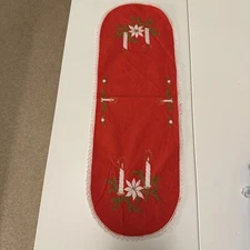 Vintage Swedish Embroidered Christmas Small Red Table Runner Lace Trim 21 x 7.5”