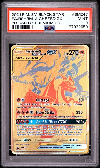 2021 POKEMON SM #SM247 FA/RESHIRAM & CHARIZARD GX PR-R&C GX PREM. COLL. PSA 9