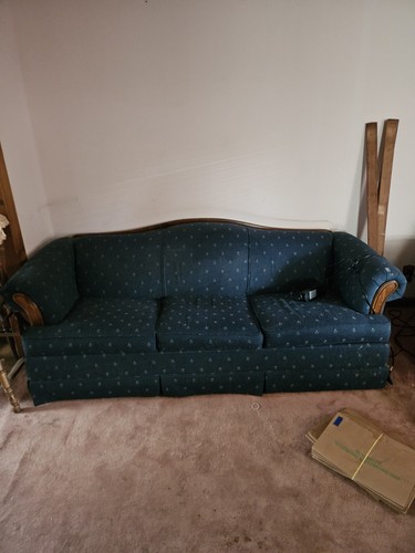 3-Seat Camelback Rolled Arm Sofa Blue Upholstered Wood Arm Accents