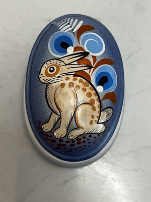 Mexican Tonala Pottery Lidded Trinket Box Mexico Folk Art Rabbit Floral