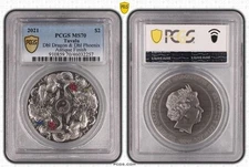 2021 $2 Double Dragon & Phoenix Antique 2 oz .9999 Silver Coin PCGS MS 70
