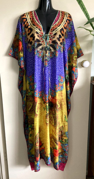 💕HENI Luxurious P Silk XL Embellished Kaftan Maxi Dress short Sleeve VGC