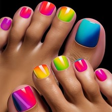 48P Short Square Toe Press on Nails, Colorful Rainbow Ombre Glossy Fake Toenails