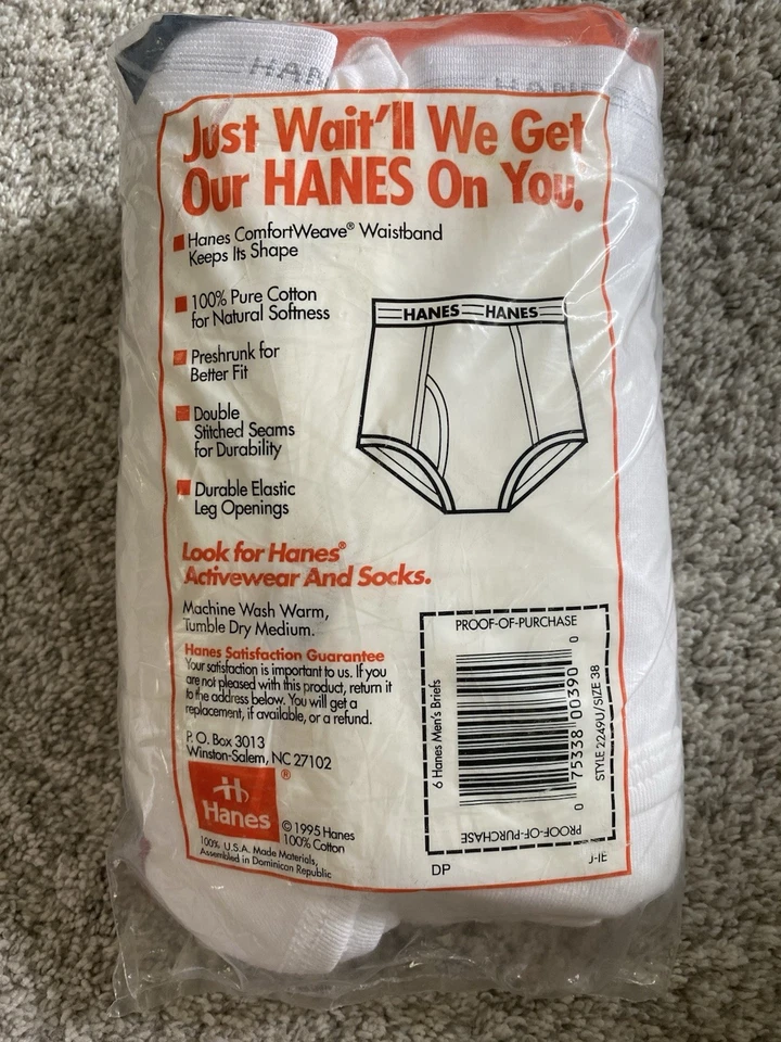 NEW Vintage 1995 NOS Mens Hanes Briefs 100% Cotton White Rare 6 Pack Sz 38 - Image 4 of 4