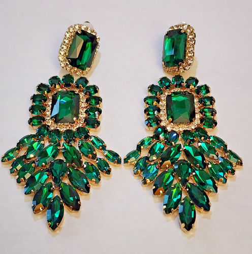 Clip On Earrings Emerald Green Rhinestone Crystal Oversized Dangle Chandelier... - Picture 10 of 18