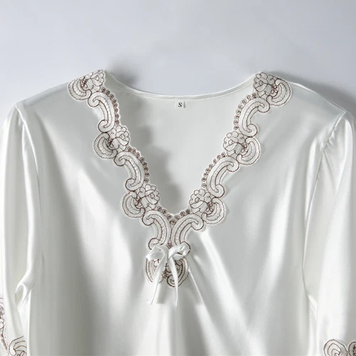 Damen Satin Nachthemd Sommer Luxus Weich Spitze Kurzarm V-Ausschnitt Schlafshirt - Bild 16 von 32