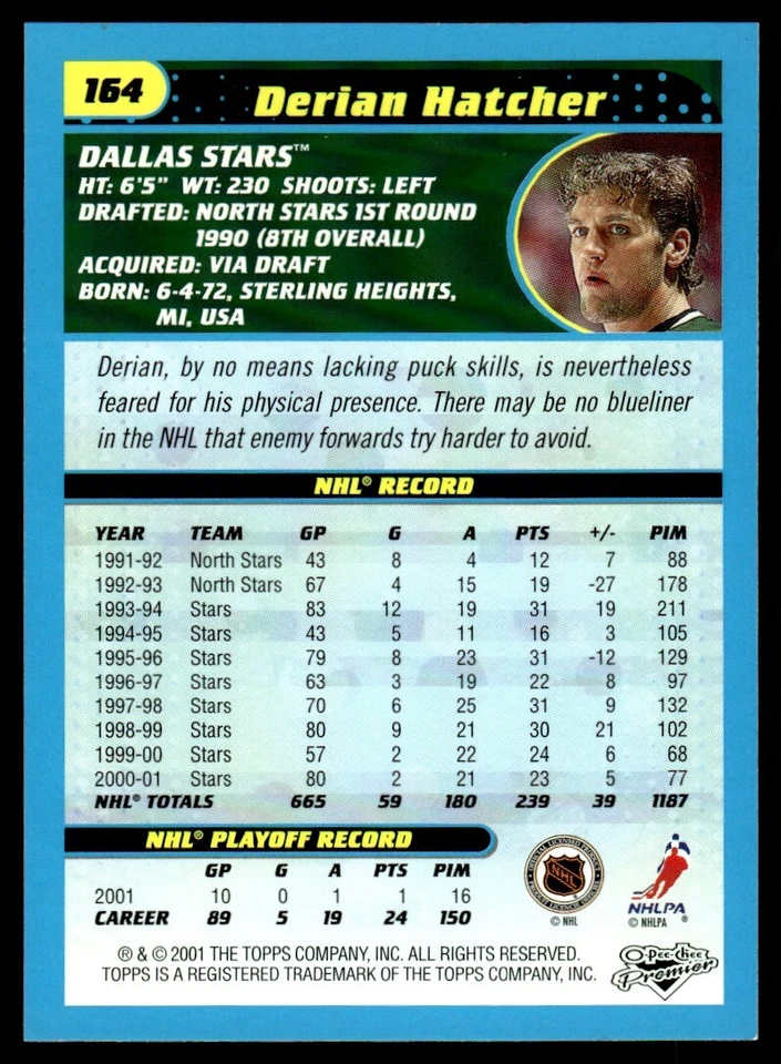 2001-02 O PEE CHEE PREMIER Derian Hatcher Dallas Stars #164 - Image 2 of 2