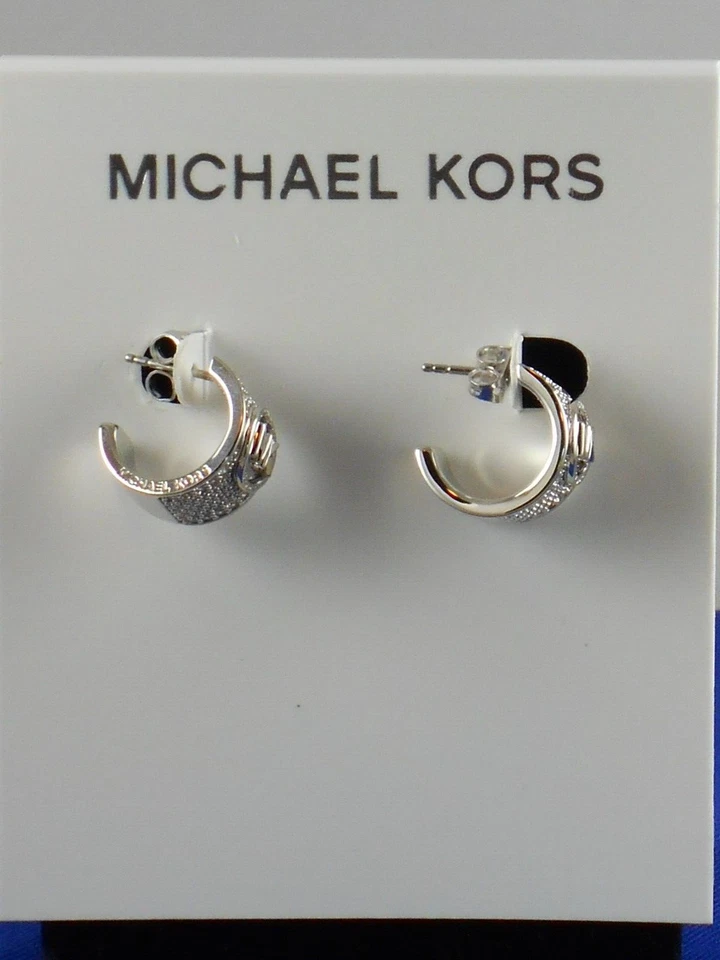 Pendientes de aro Michael Kors Silvertone MK SIGNATURE Pave' Huggie MKJ8086 $125 Foto 2 de 2