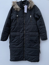 Just Fab Long Black Hooded Belted Puffer Coat With Faux Fur Trim Size S Bnwt