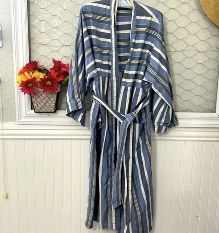 Barrington Robe Unisex Cotton Striped Blue White Tan One Size Fits Most