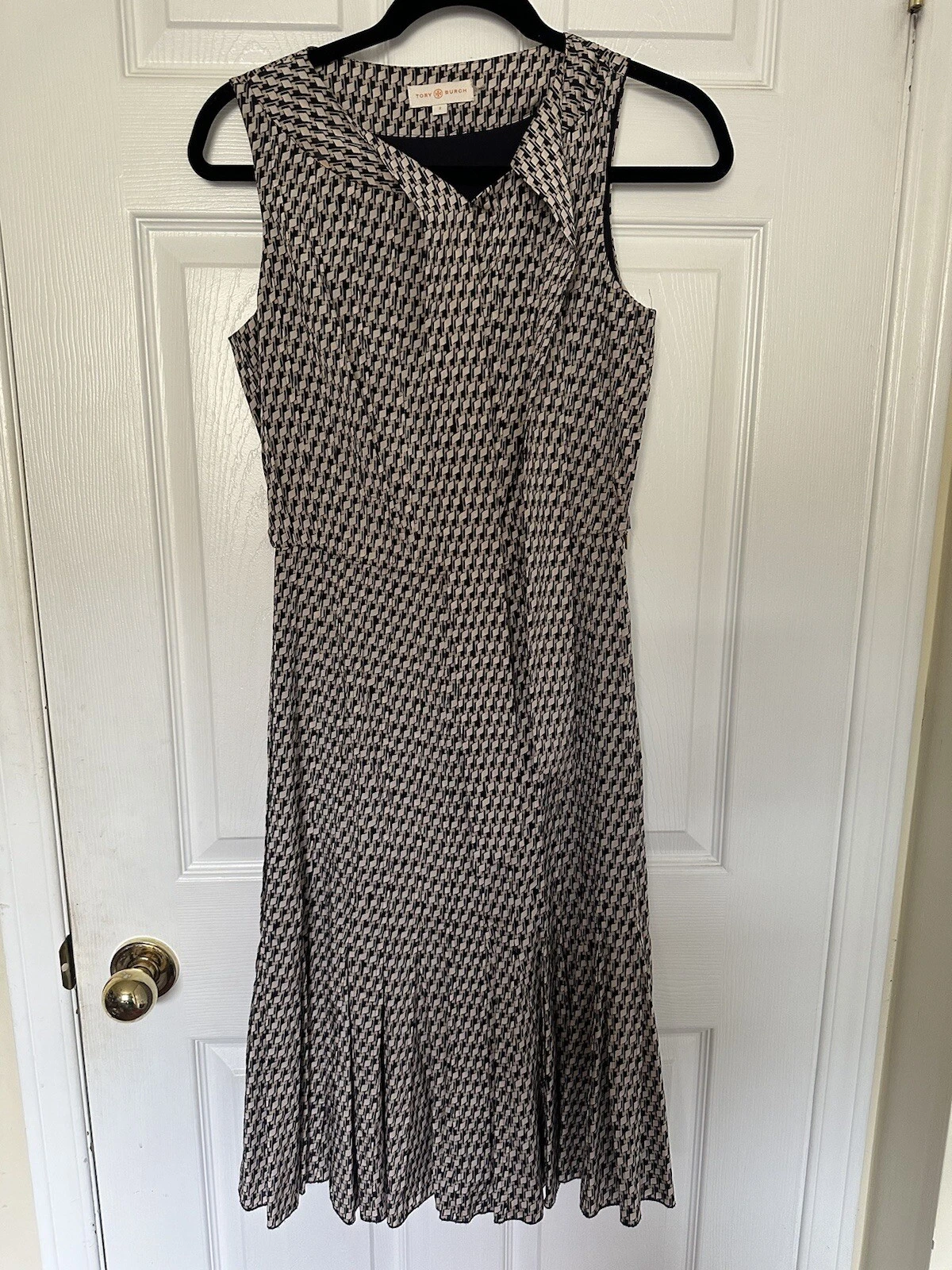 Abito TORY BURCH Elma astratto cravatta fiocco sgabello nero beige bianco taglia 2