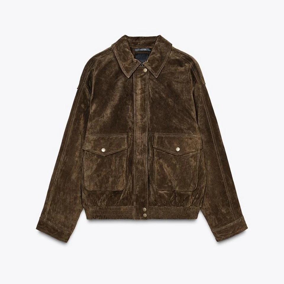 Chaqueta de bombardero de cuero de gamuza marrón 100 % chaqueta de cuero de gamuza real para mujer Foto 3 de 4