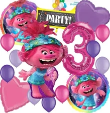 Anagram for Trolls, Girls Birthday Party Foil Balloon Bouquet Set 3rd Birthday
