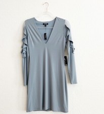 Express Women's Long Sleeve Sheath Dress Swiss Dot Ruffle V-Neck Blue Small NWT