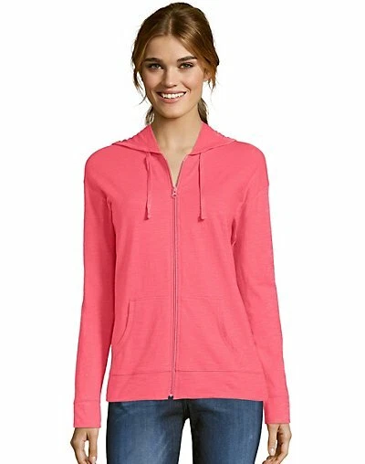 Sudadera con Capucha para Mujer Hanes Bolsillos Ligeros Slub Jersey Cremallera Completa Sudadera Informal
