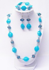 Mixed Turquoise w/Silver Acrylic Beaded Necklace/Bracelet/Earrings Set