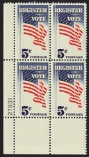 #1249 5c Register & Vote, Plate Block [27831 LL] Mint **ANY 5=FREE SHIPPING**