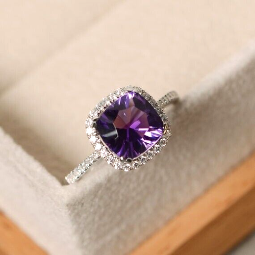 Natural Purple Amethyst CZ Cushion Gemstone Engagement Ring Sterling Silver