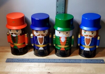 Lot 4 Decorative Christmas Nutcrackers 8'' Metal Tin w/ Hat Lid Container