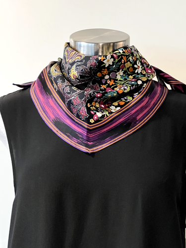 JIM THOMPSON Silk Twill Black/Pink Floral Diamond Scarf 34cmx104cm Handroll Hems - Picture 8 of 12