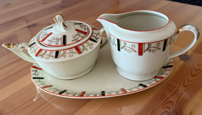Cambridge Milch- & Zucker-Set Porzellan 4-tlg mit Tablett, Art déco, Deckel