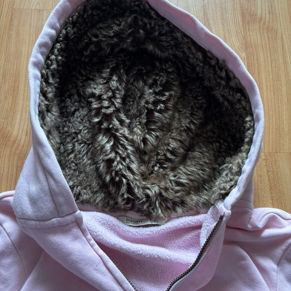 复古 Y2K 女式必备罕见浅粉色旧海军蓝毛皮衬里连帽衫 XL 码! — 第 4/4 张图片