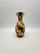 Vintage Hand-turned Segmented Wood Vase Geometric Patchwork Pattern