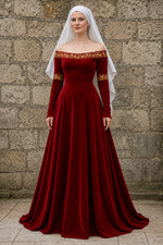 Medieval Red Velvet Renaissance Gown Off Shoulder Dress Gold Trim Costume