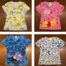 Lot Set of 4 Disney Scrub Tops Winnie the Pooh Eeyore S Cotton Pockets AOP
