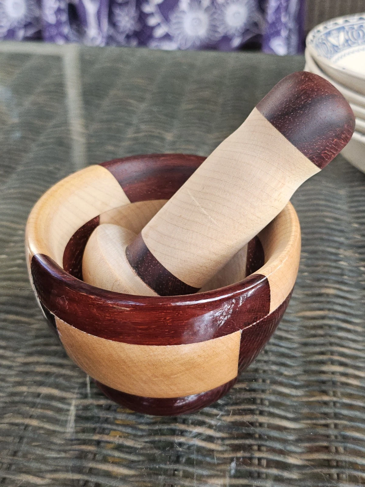 Gorgeous 4" Diameter Wood Inlaid Mortar and Pestle Set