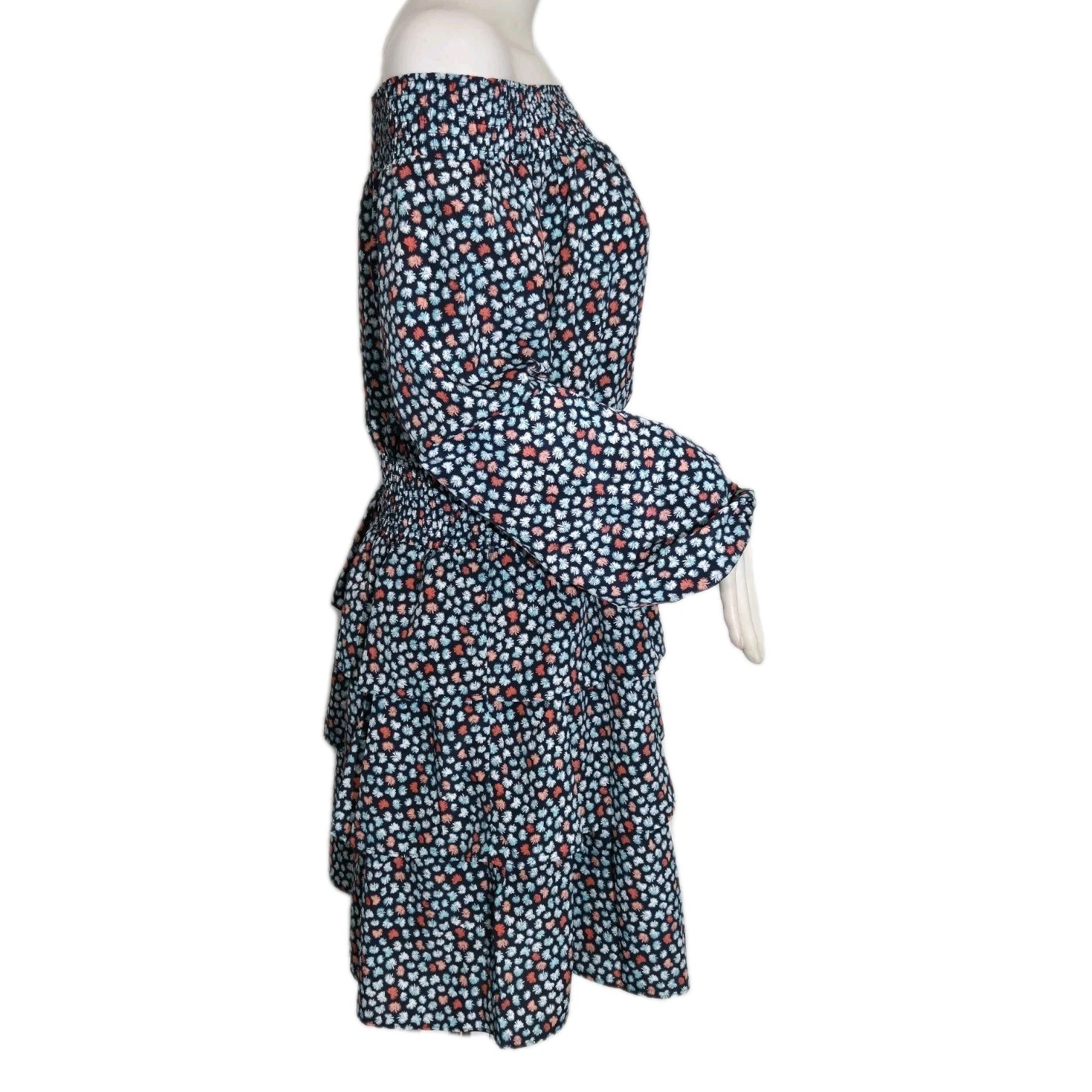 Abito donna Michael Kors taglia L floreale spalle scoperte fumè a strati con volant (63)