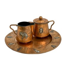 Victoria Taxco Mexico Applied Silver Copper Cream & Sugar with Tray #267
