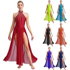 Women's Lyrical Dance Maxi Dress Flowy Skirt Rhinestones Split Modern Dancewear
