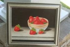 1980s vintage post modern oil on canvas, starwberry study, signed and dated