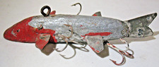 Ant. Hand Carved + Painted Silver+Red Ice Spear Fishing Decoy w 3 Cheater Hooks