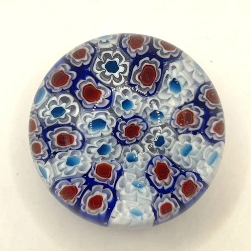 Vintage Murano Millefiori Glass Paperweight 2.5” Blue Red White Spoke Design