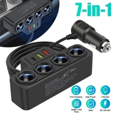 4Way Car Cigarette Lighter Socket Splitter 7-in-1 Fast Charger Power Adapter 12V