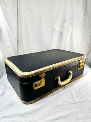 Vtg Blue Suitcase Luggage 21  No Key Brass Overnight Train Case Trim Hard Shell