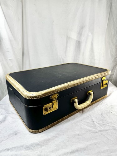Vtg Blue Suitcase Luggage 21” No Key Brass Overnight Train Case Trim Hard Shell