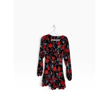 Bonkwa Women's Black Red Floral V-Neck Long Sleeve Ruffle Romper