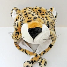 Hat Leopard with Ears Fuzzy Plush Fluffy Ear Flaps with Pom Pom End Ties
