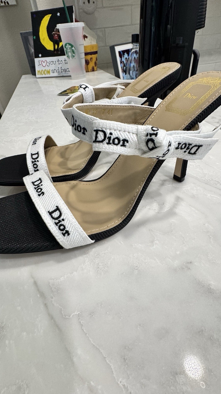 Christian Dior J’Adior Logo Ribbon Heeled Sandals Black White EU 41 US 10