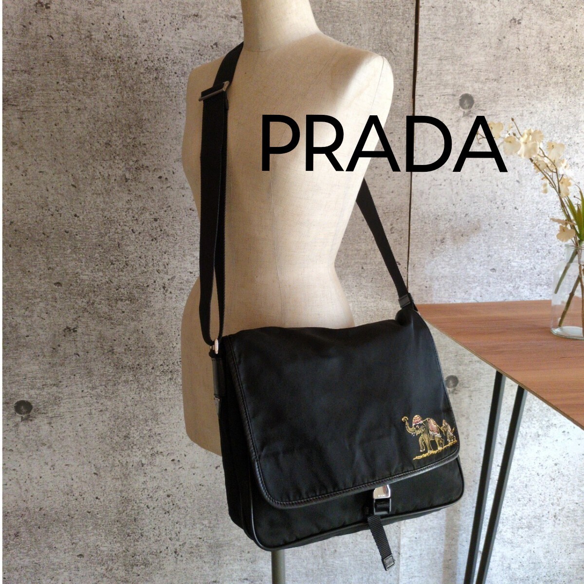 RARE Prada Asian elephant embroidery nylon leather shoulder bag