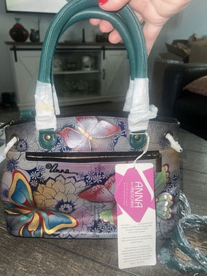 Anna by Anuschka Hand Painted Satchel, Butterfly Floral, Zip, Green Handles NWT!