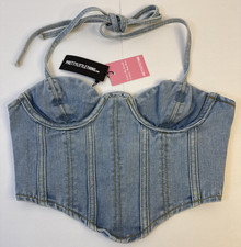 PRETTYLITTLETHING Light Blue Wash Denim Corset Top US Size 00 NWT