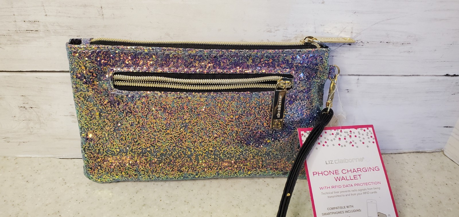 Liz Claiborne Glitter Phone Charging Wristlet Wallet RFID NWT Power Bank 5"x8"